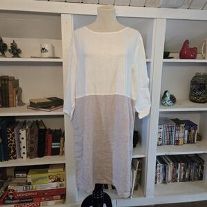 Tahari Women's Dress Color Block Grey & White Pockets 100% Linen Buttons Size XL